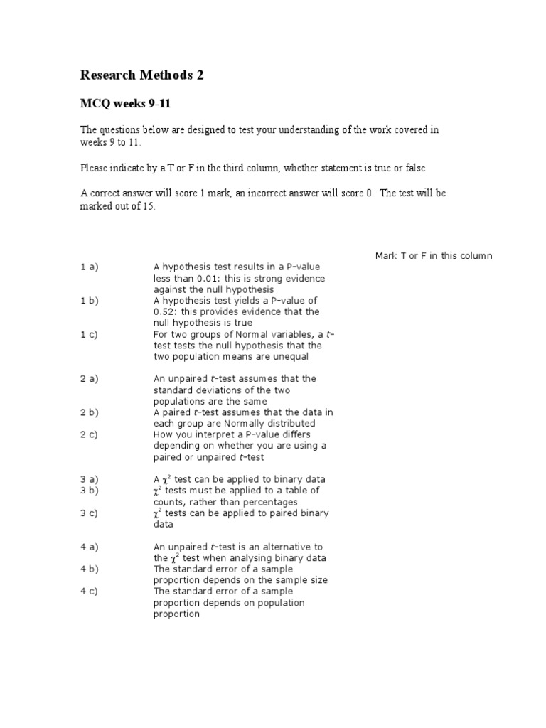 Research Methods 2 MCQ Weeks 911 PDF Student's T Test