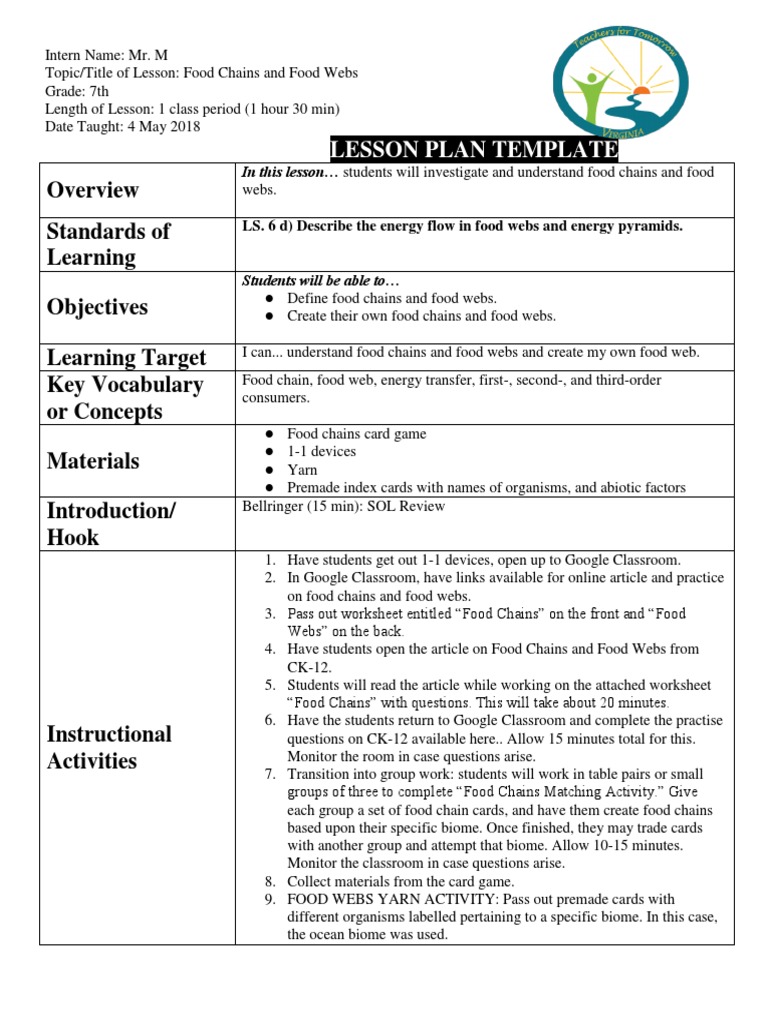 Food Chains and Webs Lesson Plan | PDF | Food Web | Lesson Plan