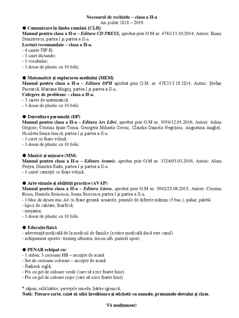 Necesarul De Rechizite Clasa 2