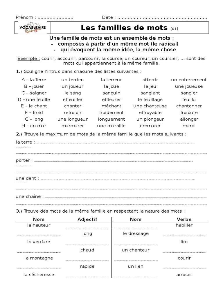 Mot De La Meme Famille Que Nature Familles de Mots 01 | PDF