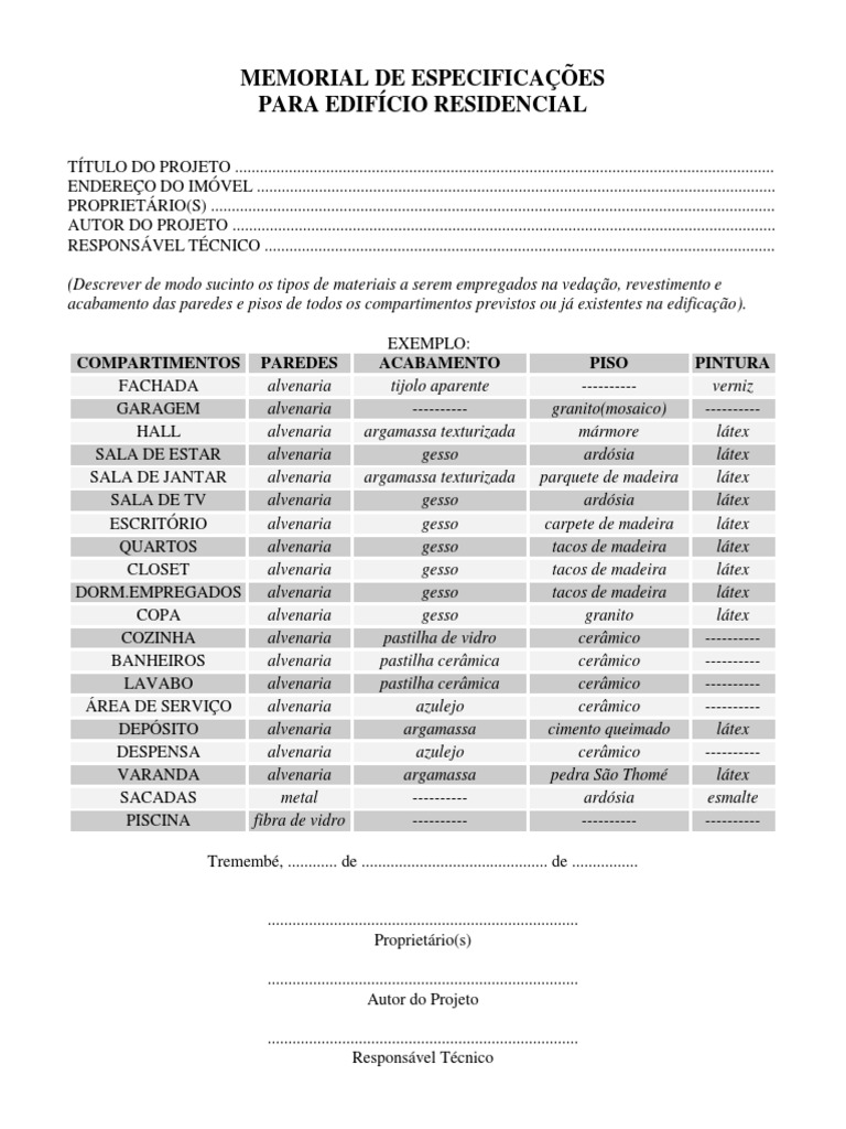 Modelo de Memorial de Especificações para Edifício Residencial | PDF ...