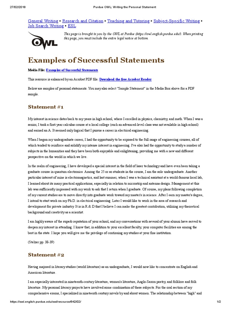 Purdue OWL - Writing The Personal Statement | PDF | Folklore 