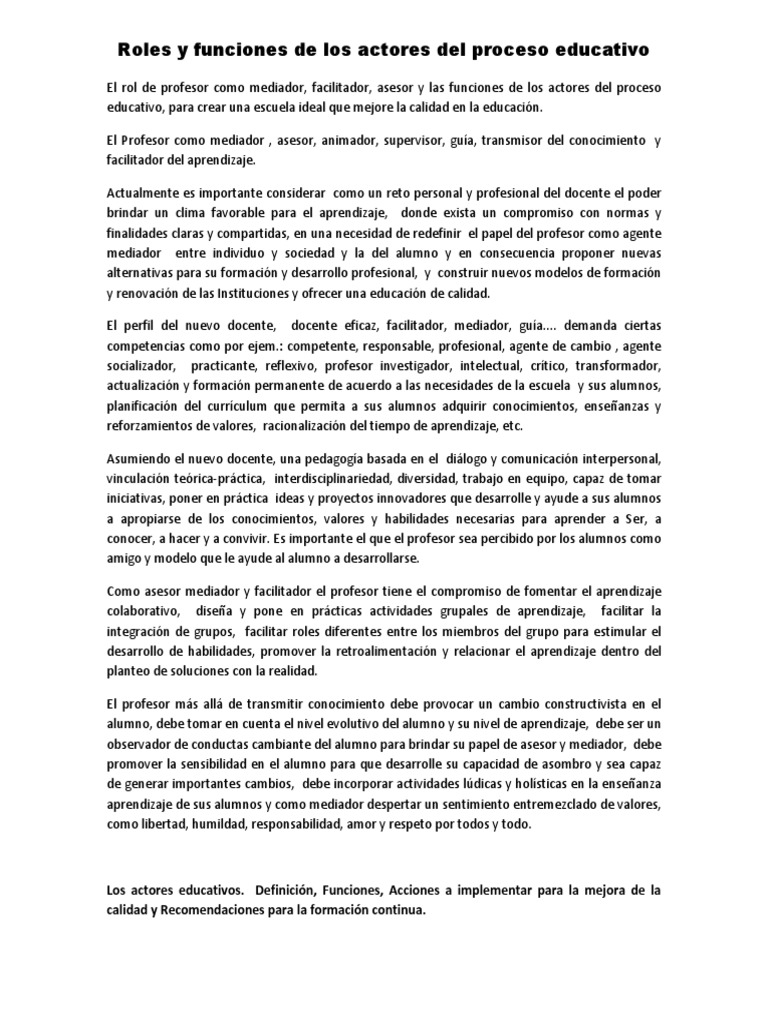 Funciones de los Actores Educativos | PDF | Professores | Aprendizado
