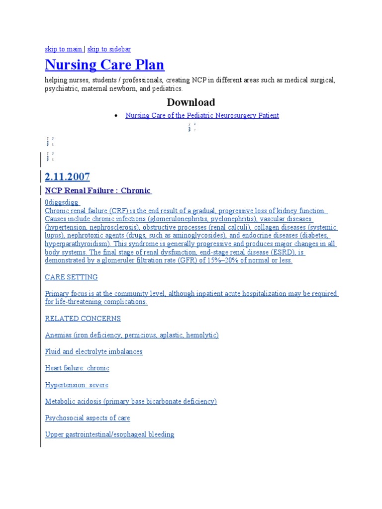 Chronic Kidney Disease Nursing Care Plan | PDF | Kidney | Chronic ...