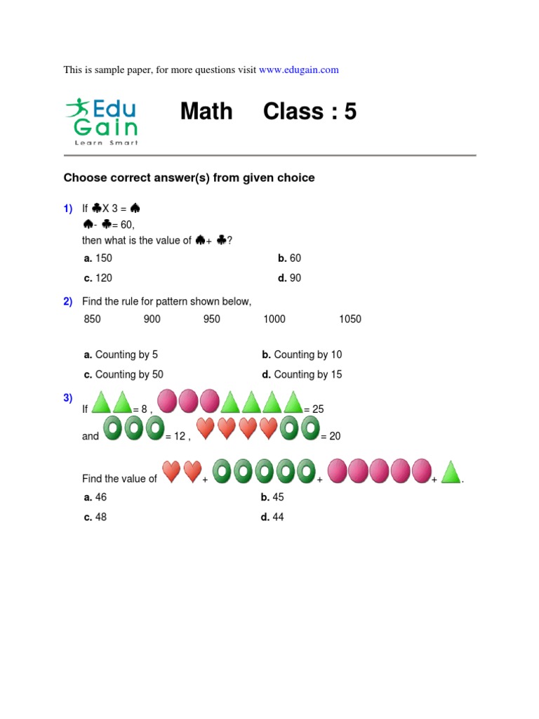 assignment for class 5 maths