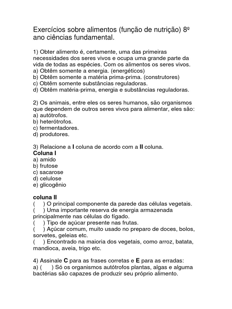 Exercícios sobre Nutrição para 8º Ano | PDF | Vitamina | Alimentos