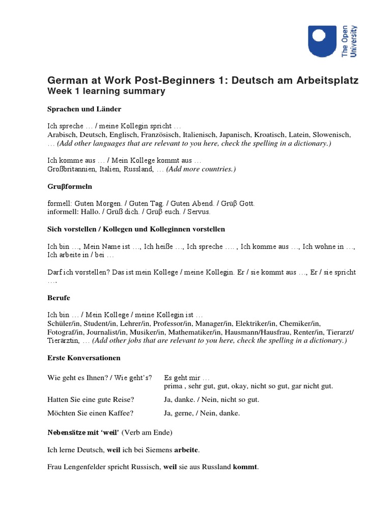German At Work Post Beginners 1 Deutsch Am Arbeitsplatz Week 1