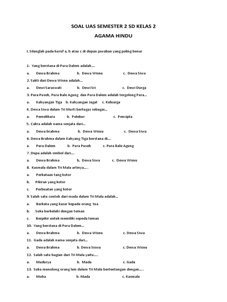 Soal Uas Semester 2 SD Kelas 2 Agama Hindu