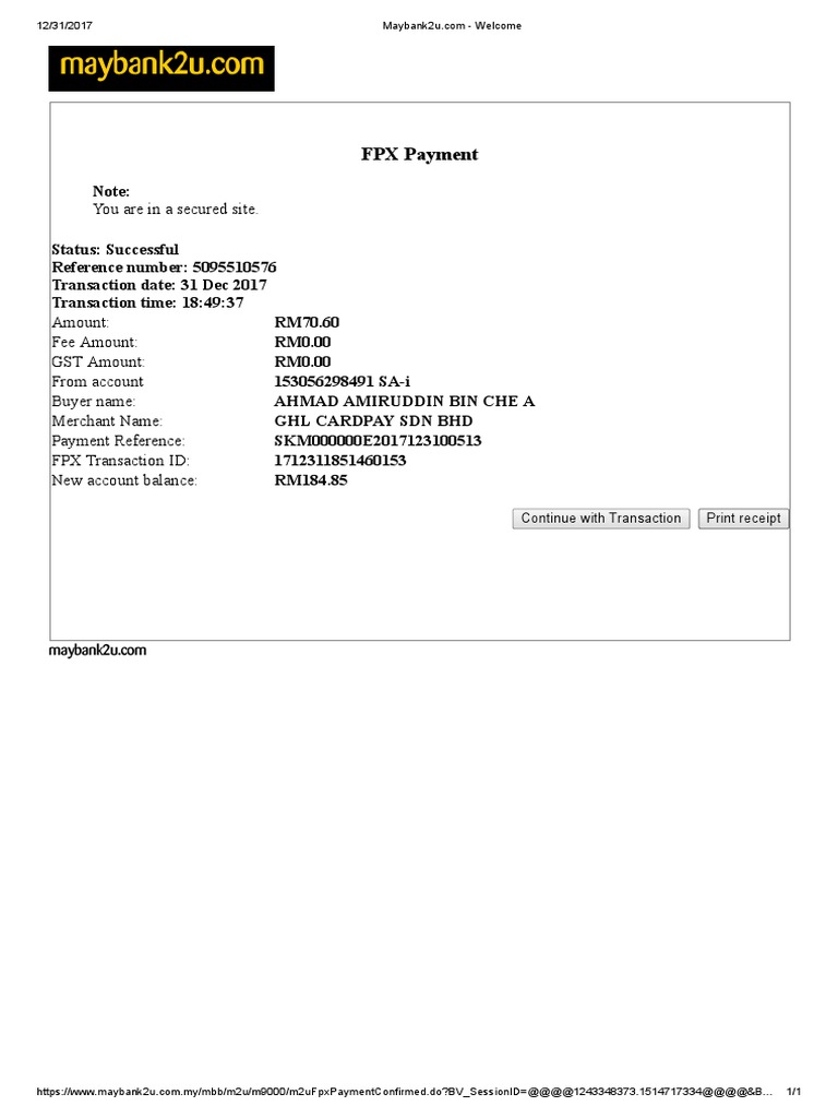 FPX Payment: Continue With Transaction Print Receipt | PDF