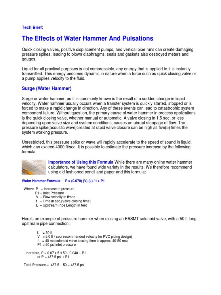 Water Hammer Calculation PDF PDF Pump Pressure