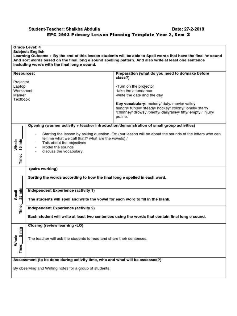 Grade 4 English Lesson Plan: Final /e/ Sound | PDF | Lesson Plan | Teachers