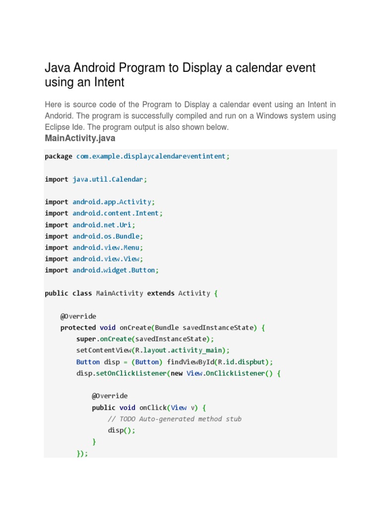 Java Android Program To Display A Calendar Event Using An Intent | PDF ...