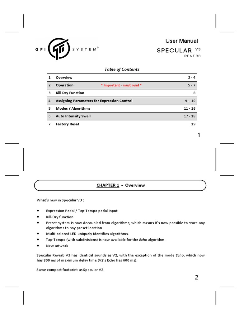 Specular Reverb v.3 User Manual en PDF Electronics Sound Technology