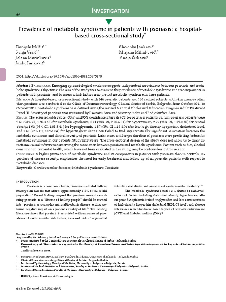 Prevalence of Metabolic Syndrome in Patients With Psoriasis: A Hospital ...