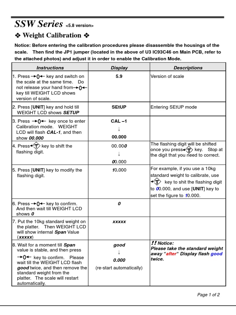 SSW Series Weight Calibration Guide | PDF | Calibration | Computing