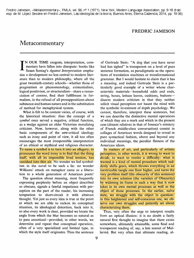 Jameson's Metacommentary Insights | PDF | Thought | Reason