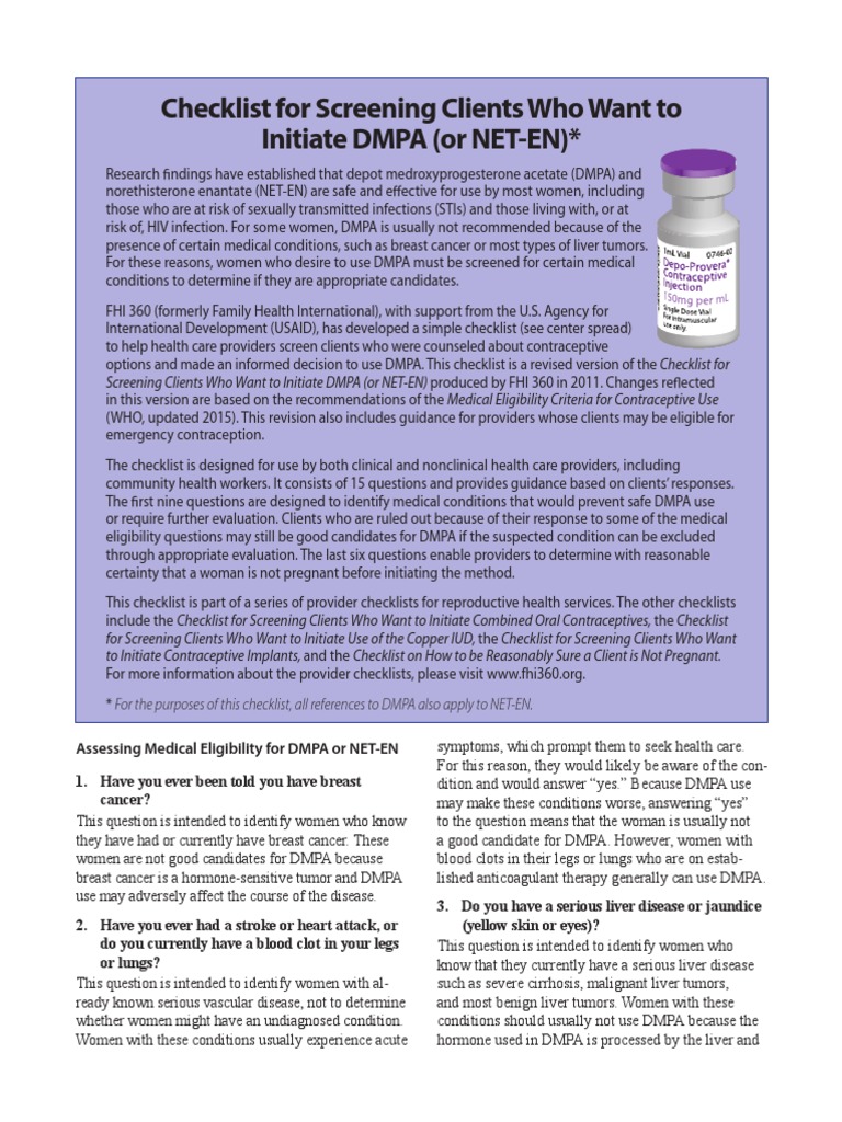 Checklist Dmpa English | PDF | Birth Control | Pregnancy