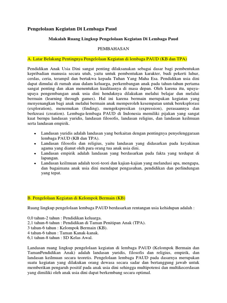 Makalah Ruang Lingkup Pengelolaan Kegiatan Di Lembaga Paud