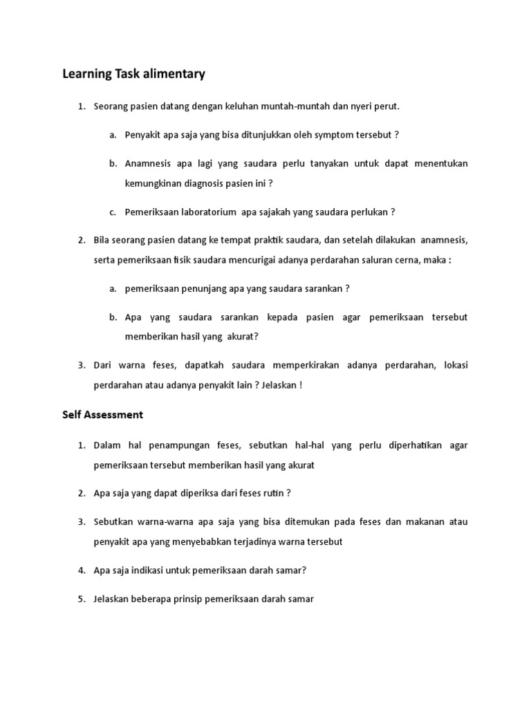 Learning Task Alimentary: Self Assessment | PDF