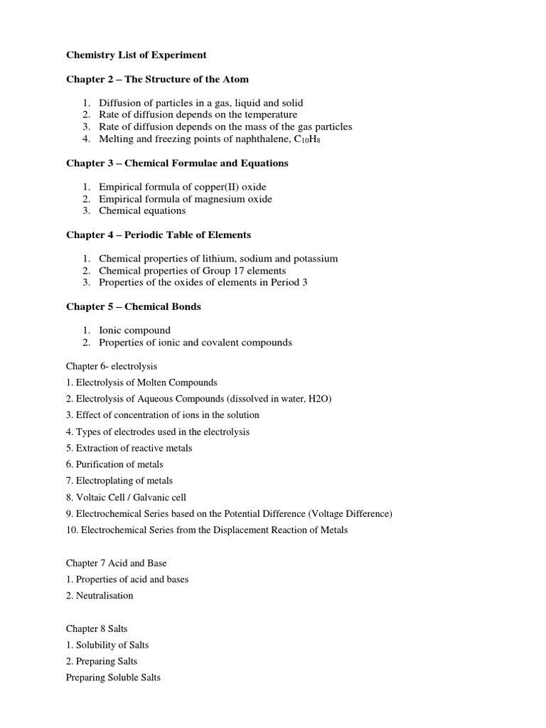 Form 4 Chemistry Experiment List | PDF | Salt (Chemistry) | Chemical ...