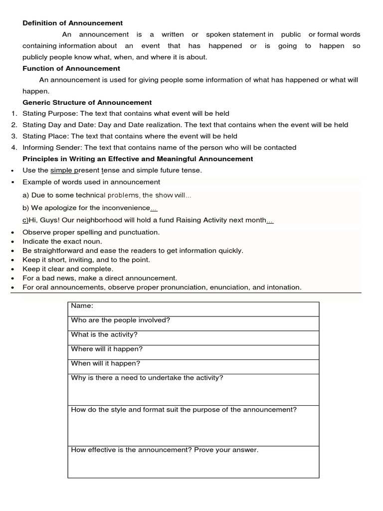 Definition of Announcement PDF Linguistics Cognitive Science