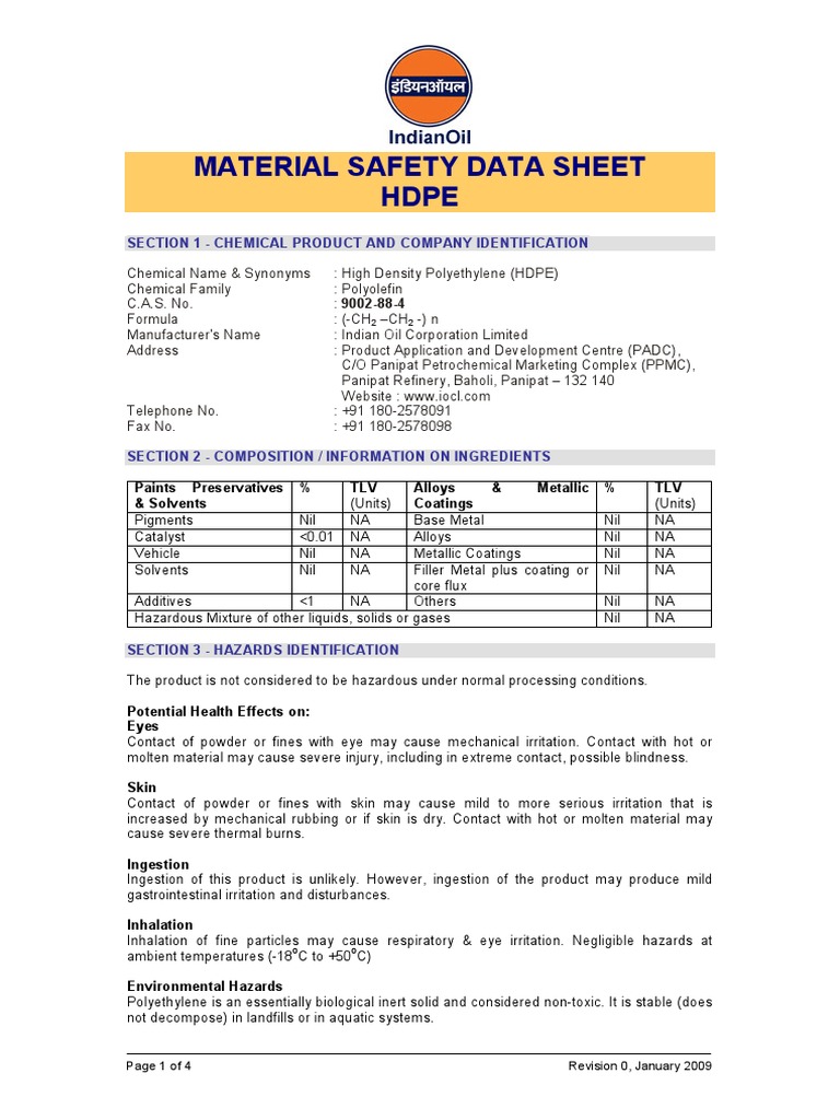 Material Safety Data Sheet Hdpe Section 1 Chemical Product and Company Identification PDF