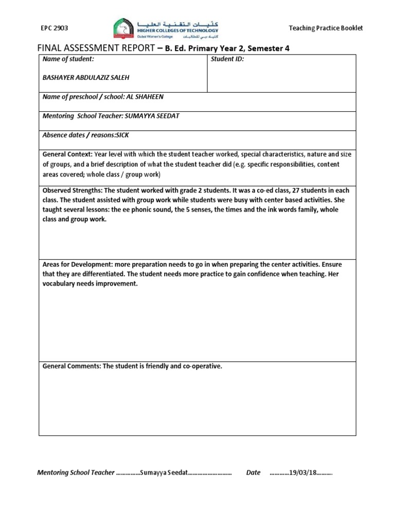 Final Assessment Report Epc 2403 PDF Educational Assessment