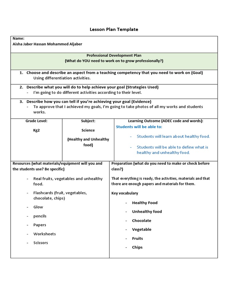 Healthy vs Unhealthy Food Lesson Plan | PDF | Lesson Plan | Behaviorism