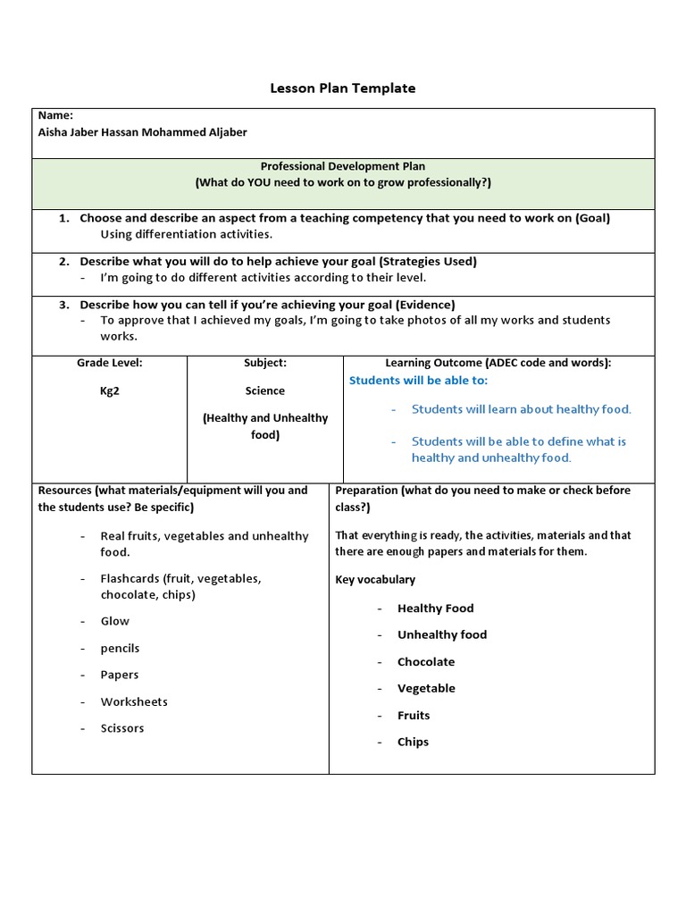 Lesson Plan Template Science Healthy and Unhealthy Food | PDF | Lesson ...