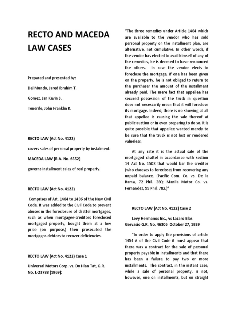 Recto and Maceda Law Cases PDF Foreclosure Mortgage Law