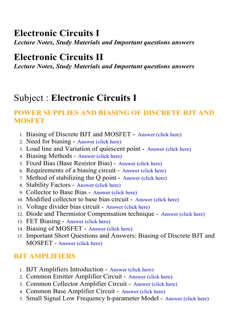 Electronic Circuits I, II Lecture Notes, Study Materials and
