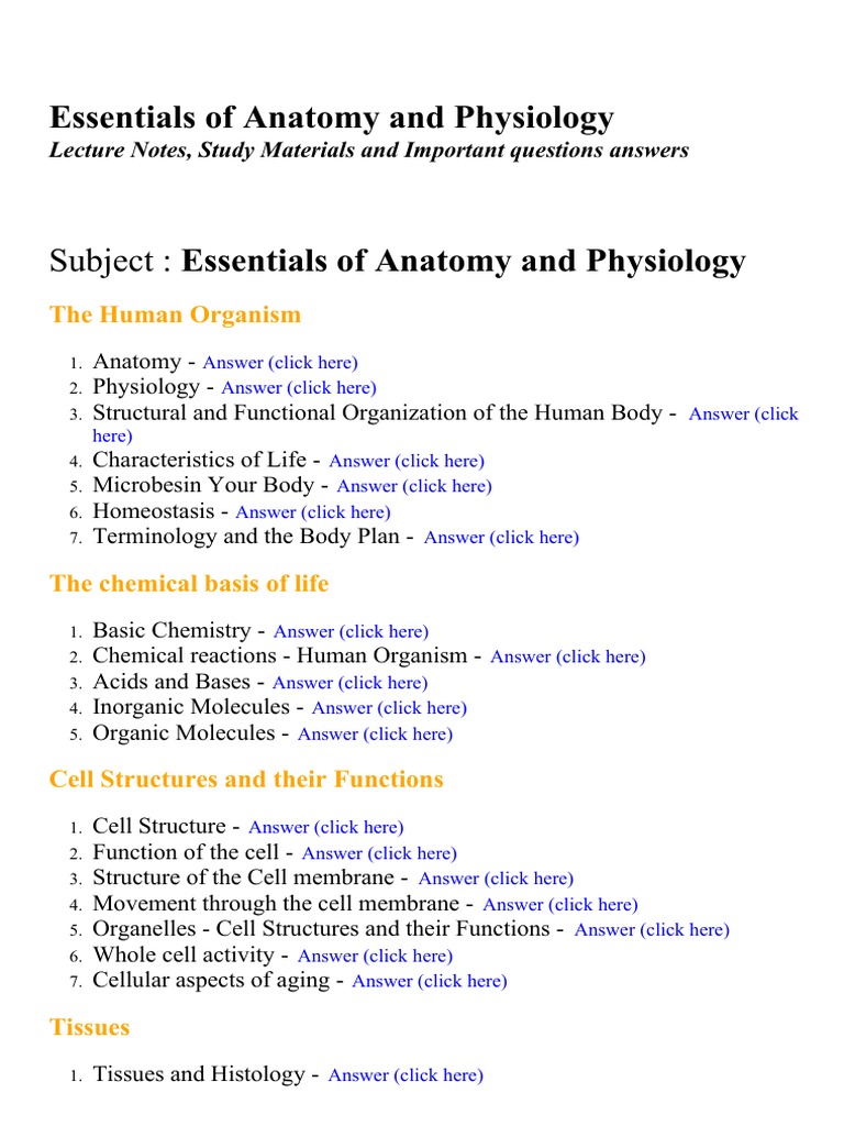 Essentials of Anatomy and Physiology 1 - Lecture Notes, Study Materials