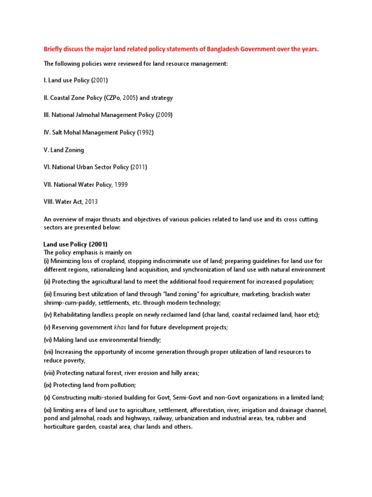 Briefly Discuss The Major Land Related Policy Statements of Bangladesh Government Over The Years