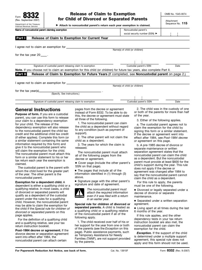 Child Tax Release Form - f8332 | PDF | Tax Exemption | Social Security ...