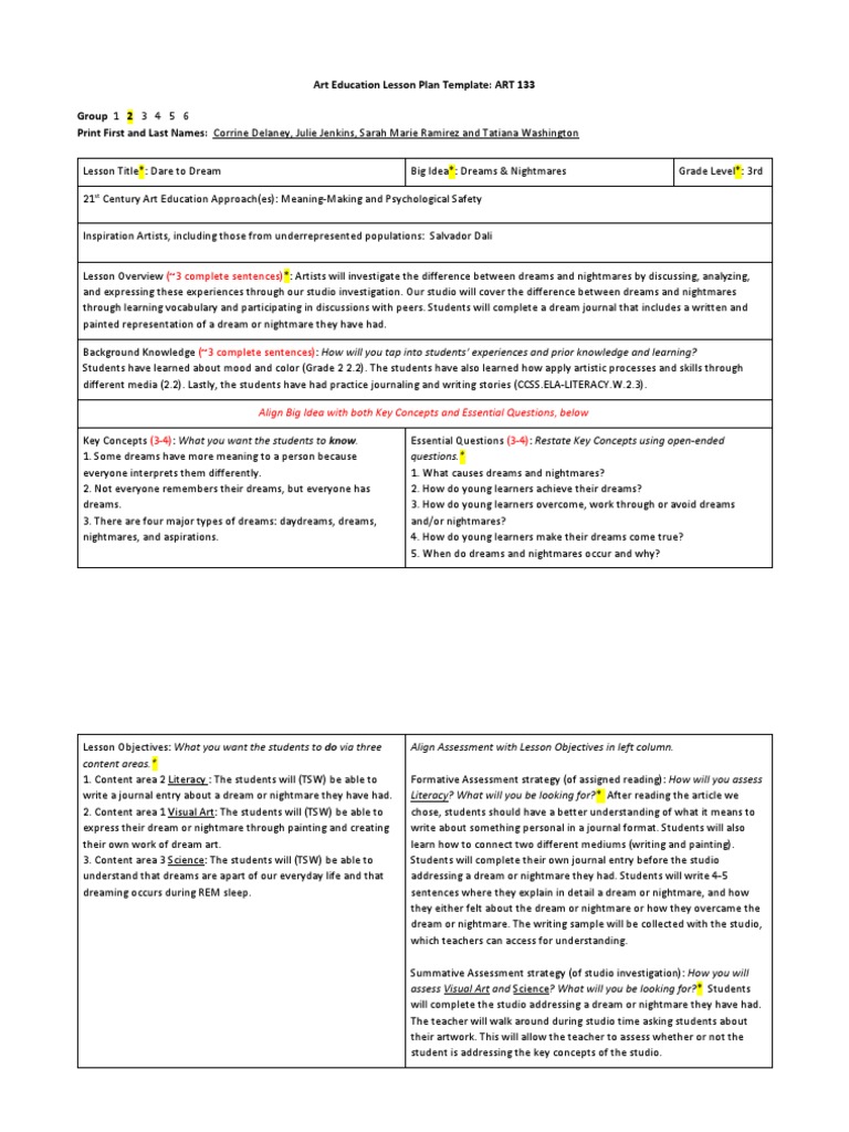 Art Education Lesson Plan Template ART 133 Group Print First and Last