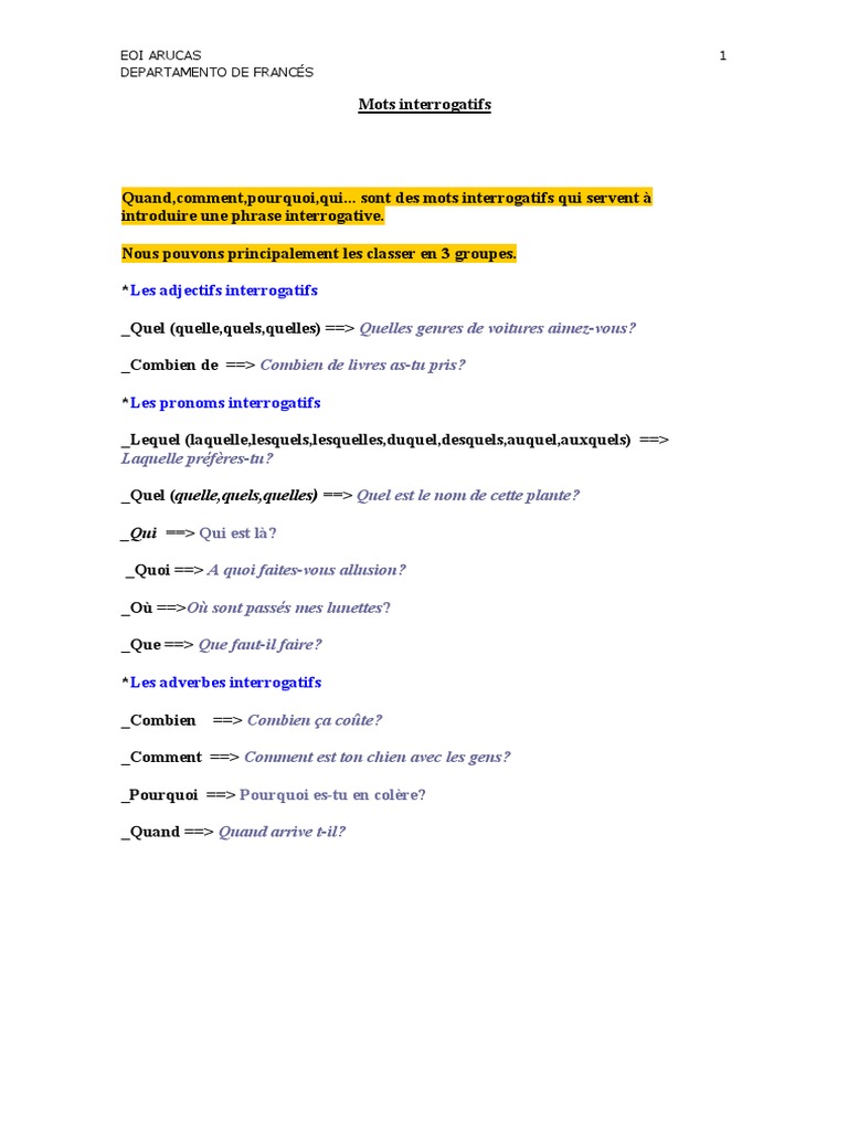 Exercices Les Mots Interrogatifs Pdf Question Onomastique