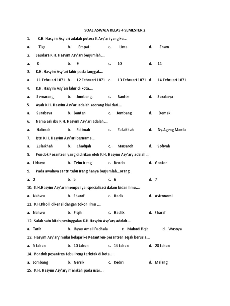 Soal Aswaja Kelas 4 Semester 2