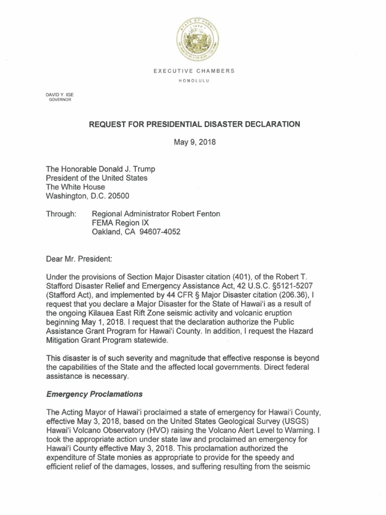Request For Presidential Disaster Declaration 5/9/18 PDF Volcano