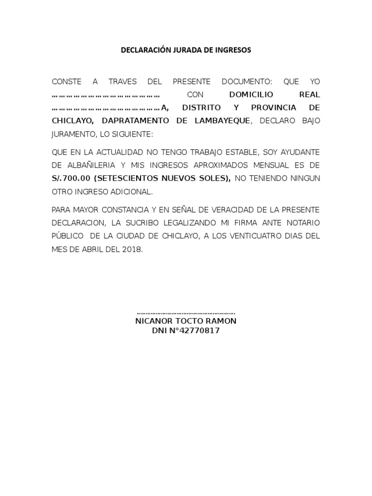 Declaración Jurada de Ingresos | PDF