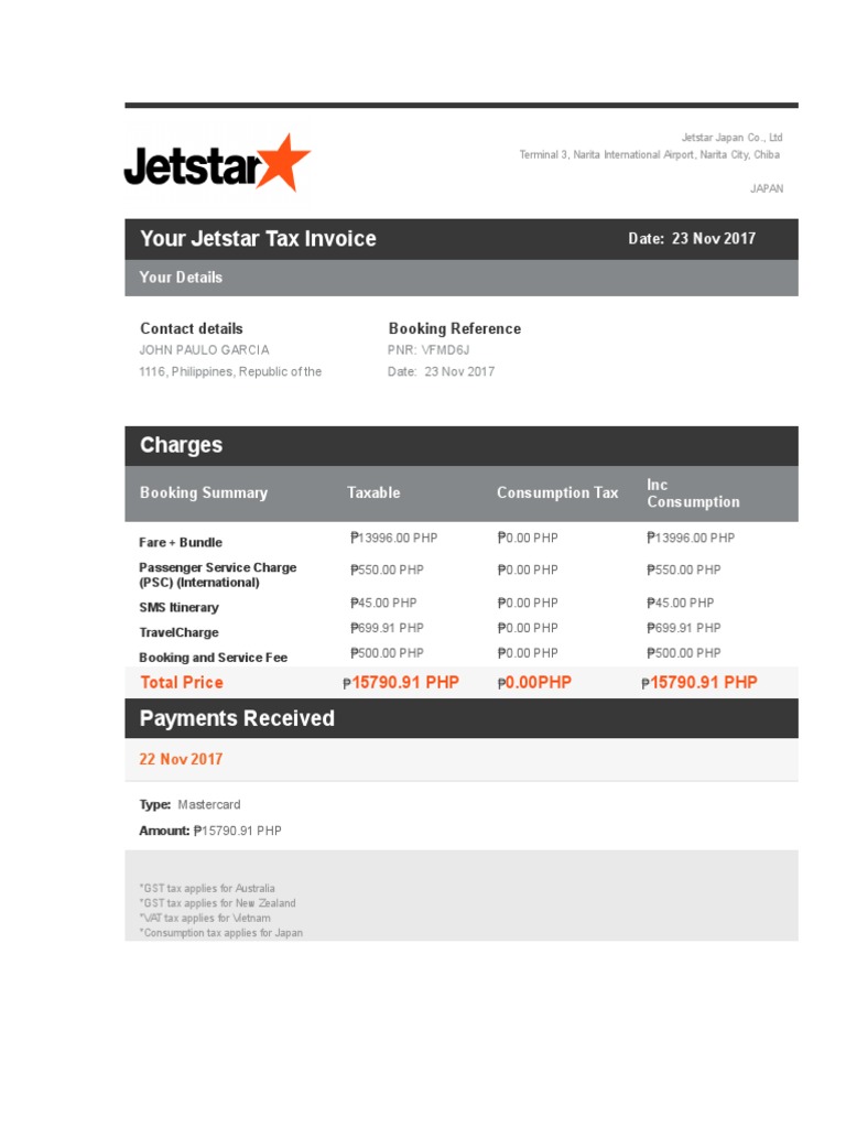 Your Jetstar Tax Invoice: Date: 23 Nov 2017 Your Details | PDF