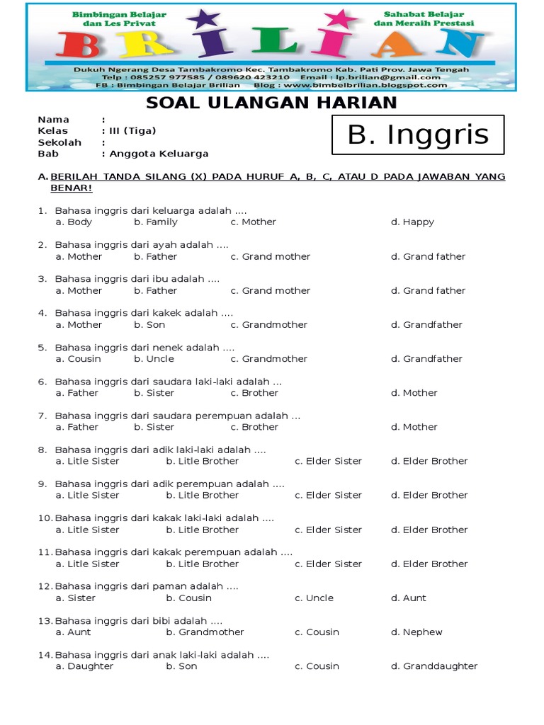 Soal Kelas 3 Sd Bab Anggota Keluarga