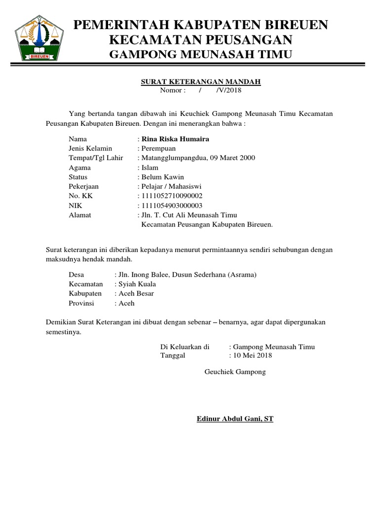 Surat Keterangan Mandah