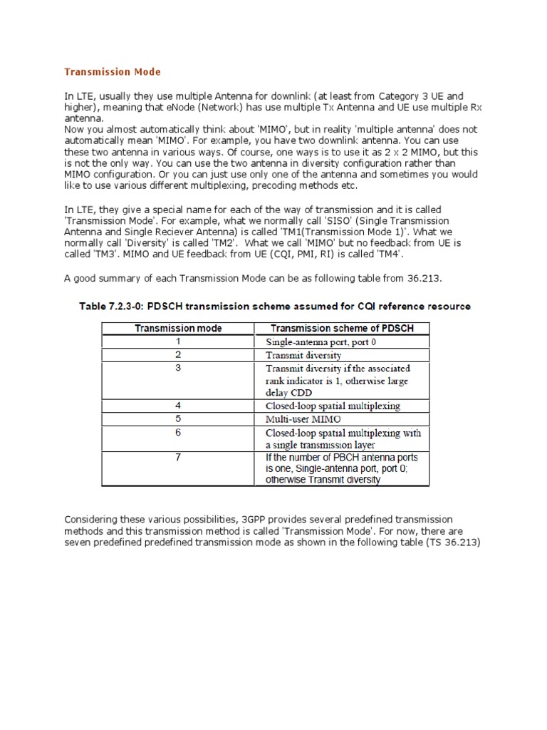LTE Transmission Mode Definition PDF Mimo Radio