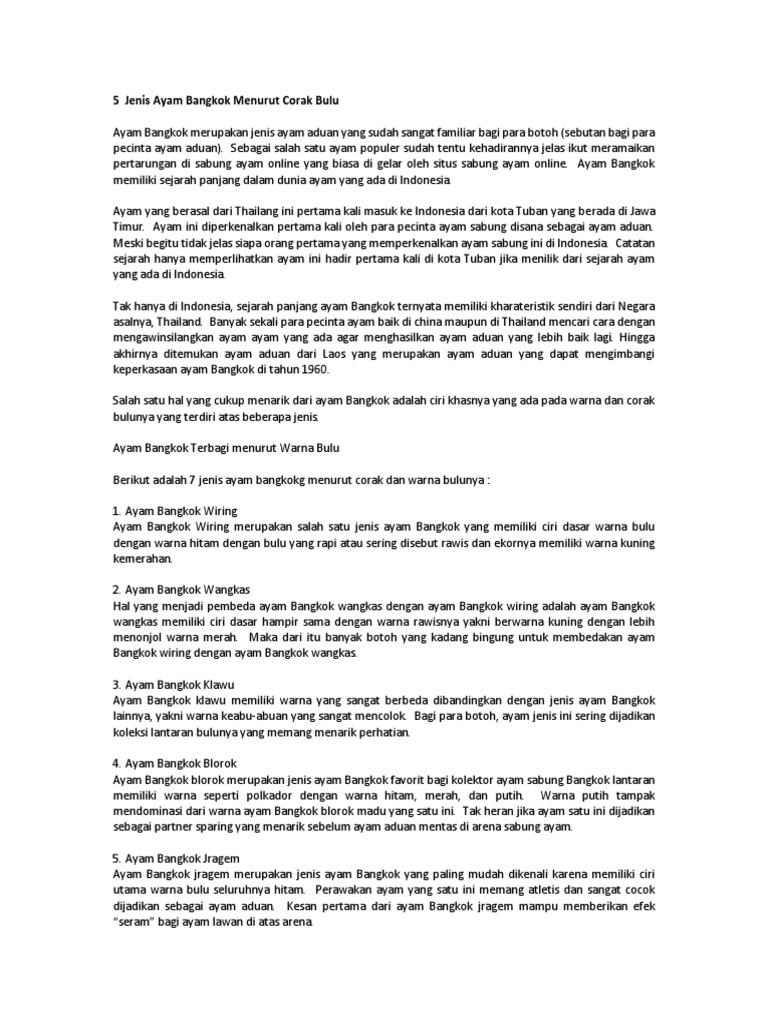 5 Jenis Ayam Bangkok Menurut Corak Bulu 5 Jenis Ayam Bangkok Menurut Corak Bulu