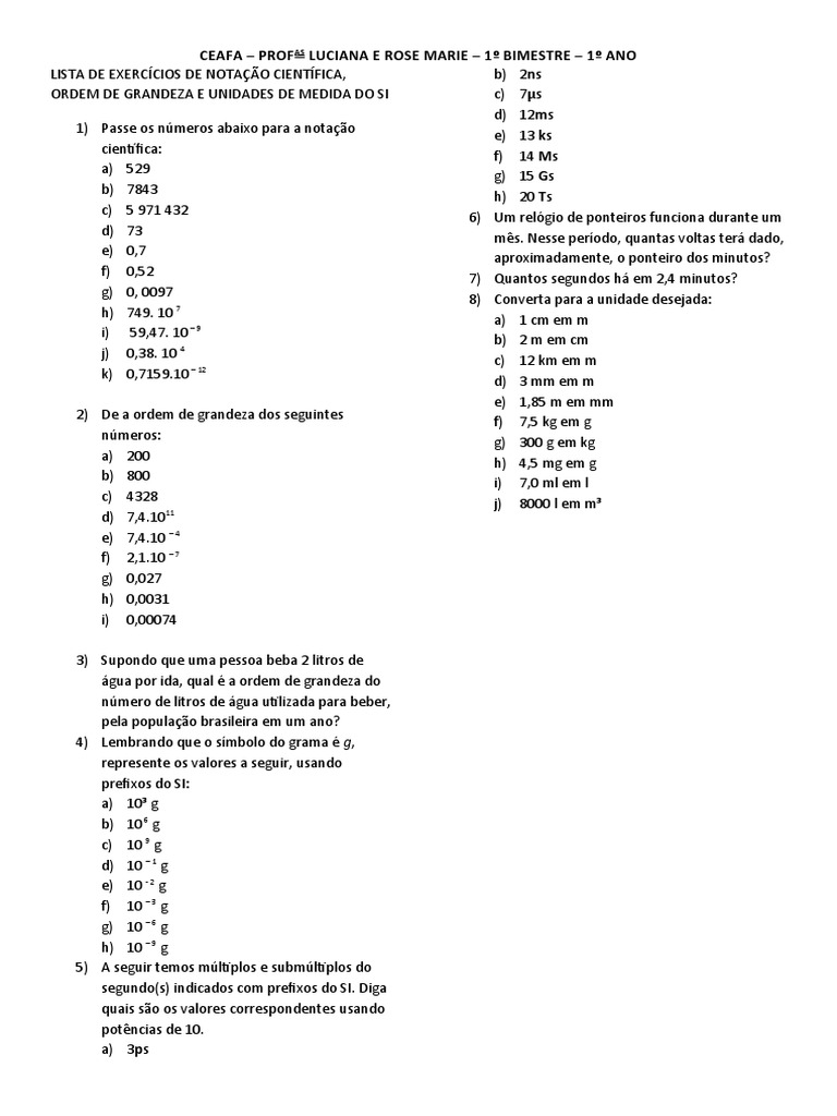 LISTA DE EXERCÍCIOS DE NOTAÇÃO CIENTÍFICA