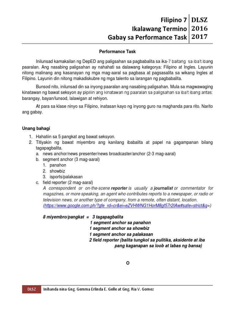 Gabay sa Performance Task ng Balita | PDF