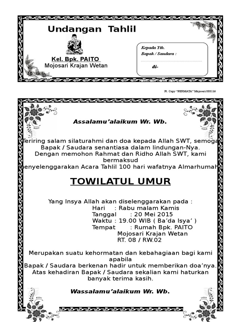 Surat Undangan Tahlilan 1000 Hari