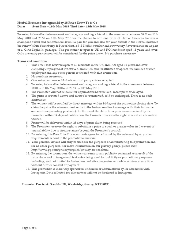 Herbal Essences Instagram May18 Prize Draw Ts Cs PDF Justice