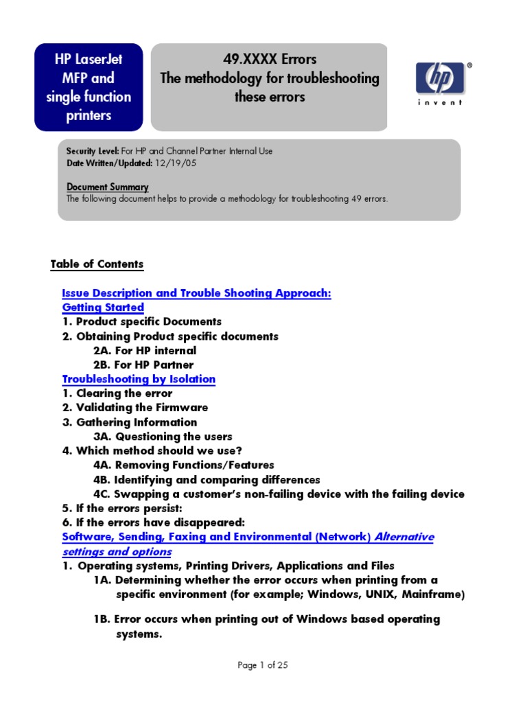 HP Laserjet MFP and Single Function Printers 49.Xxxx Errors The