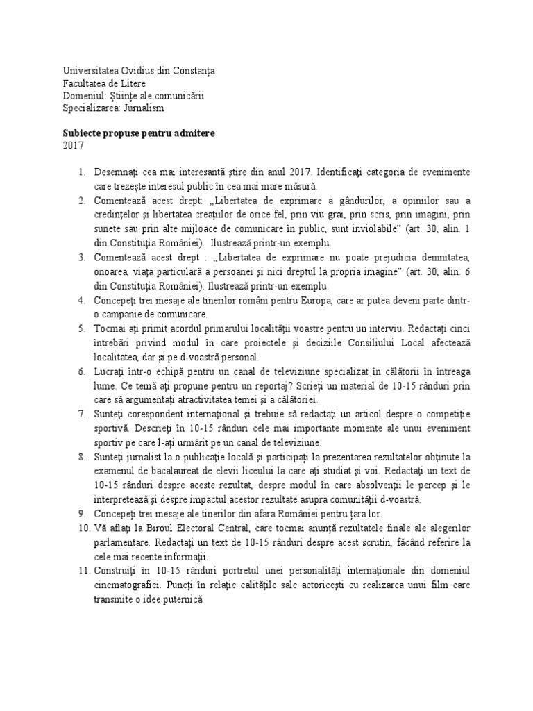 Subiecte Pentru Admitere Jurnalism 2017 Bun